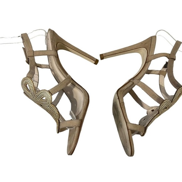 Guilhermina Anthropologie sandals heels Gold Beaded Taupe Suede Slingback Size 7 - Picture 3 of 11